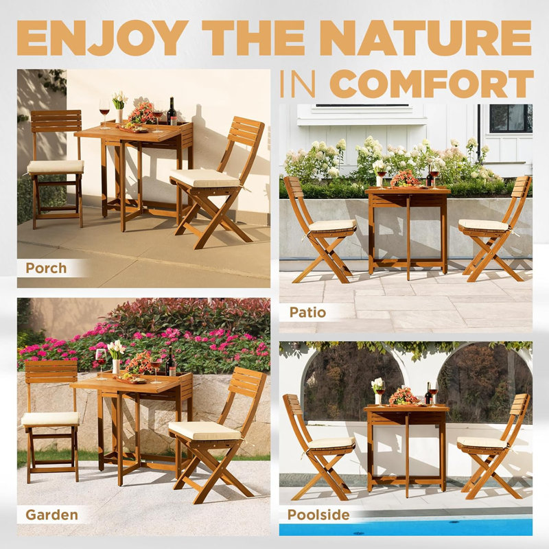 2 - Person Wood Patio Dining Set with Extendable Rectangular Table , Cushions Included
