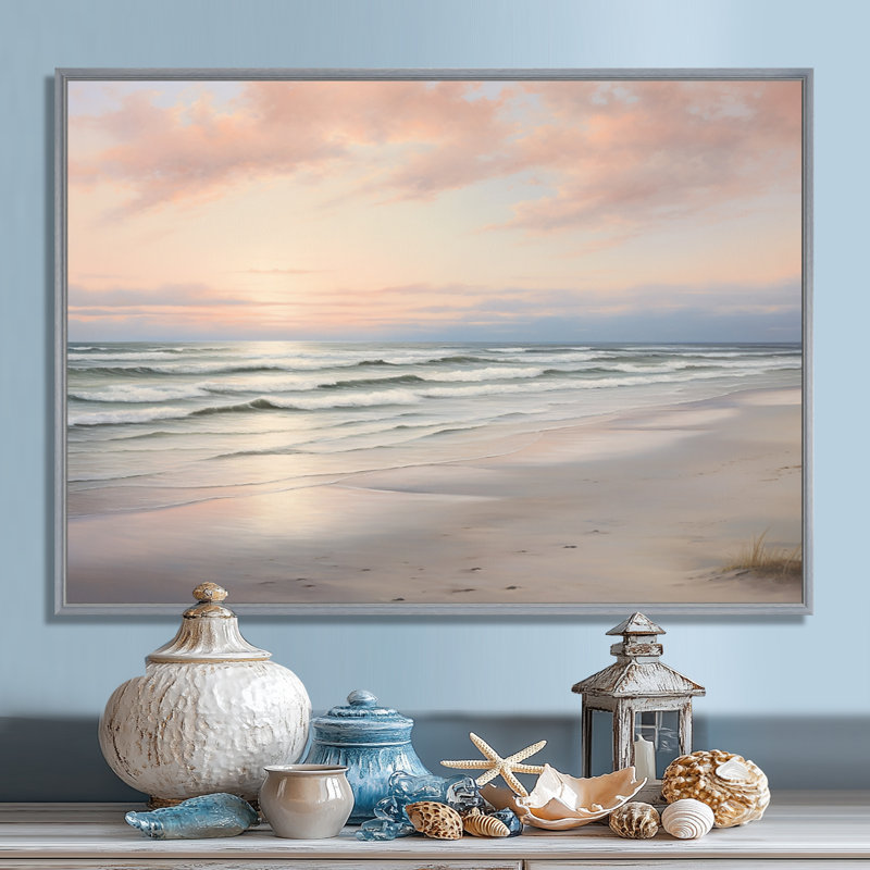 «Beach Serenity Gentle Pink Pastel Sunrise - Coastal Beach», reproduction sur toile, H 34 po x l 44 po x P 1,5 po