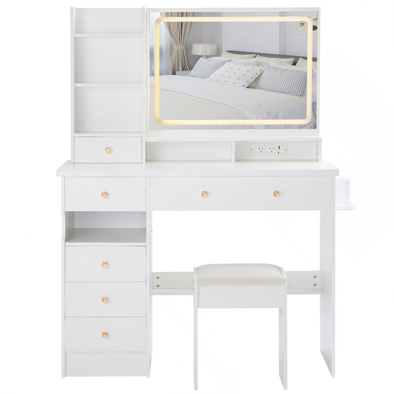 41" Large Size Left Drawer Desktop Vanity Table With Cushioned Stool Dresser Set,2 AC Outlets And 2 USB Ports Power Station,Hair Dryer Stand,Extra-Large Touch-Control Led Mirror,3-Switching
