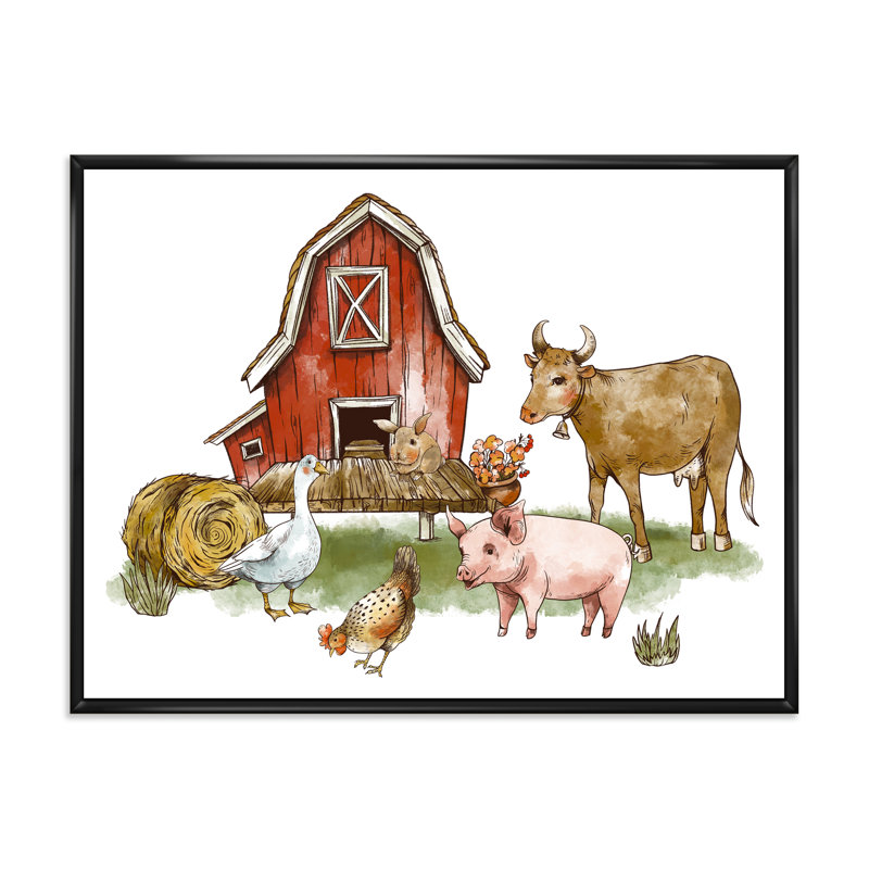 «Farm House With Goose Chicken Cow Pig And Haystack», reproduction sur toile flottante, H 12 po x l 20 po x p 1 po