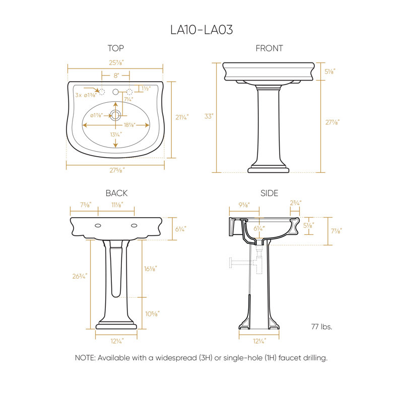 Isabella 34" White Ceramic Rectangular Pedestal Bathroom Sink with Overflow, 8" Centers