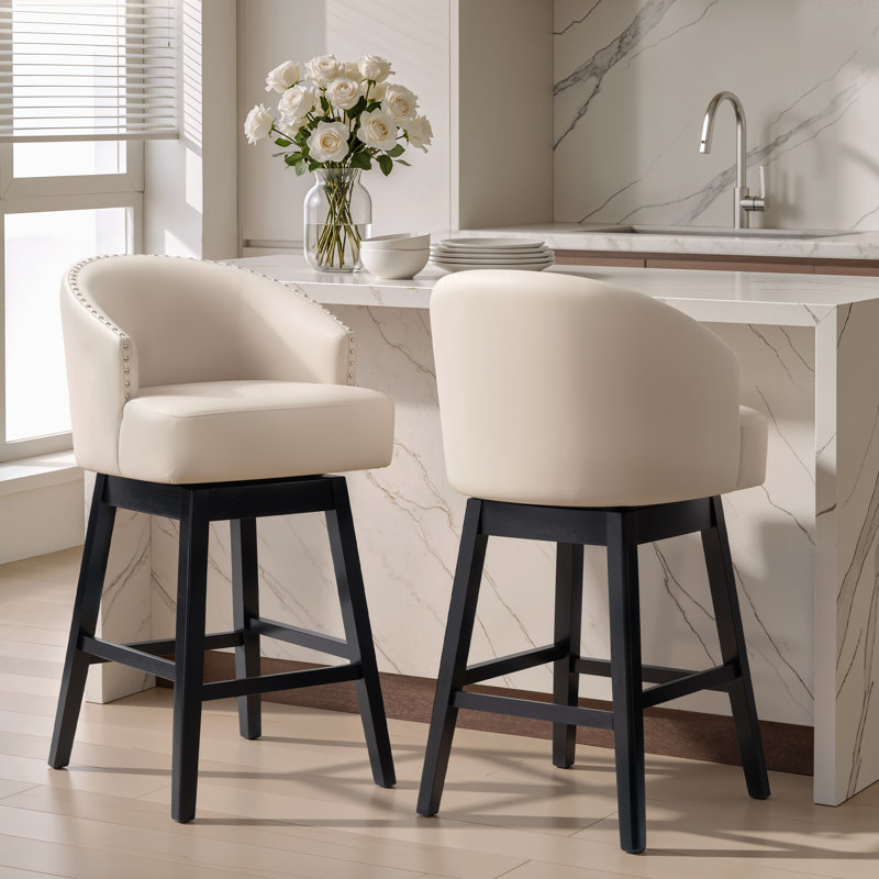 30" Swivel Faux Leather Upholstered Bar Stool with Solid Wood Legs, Beige, Bar Stool (30" Seat Height)