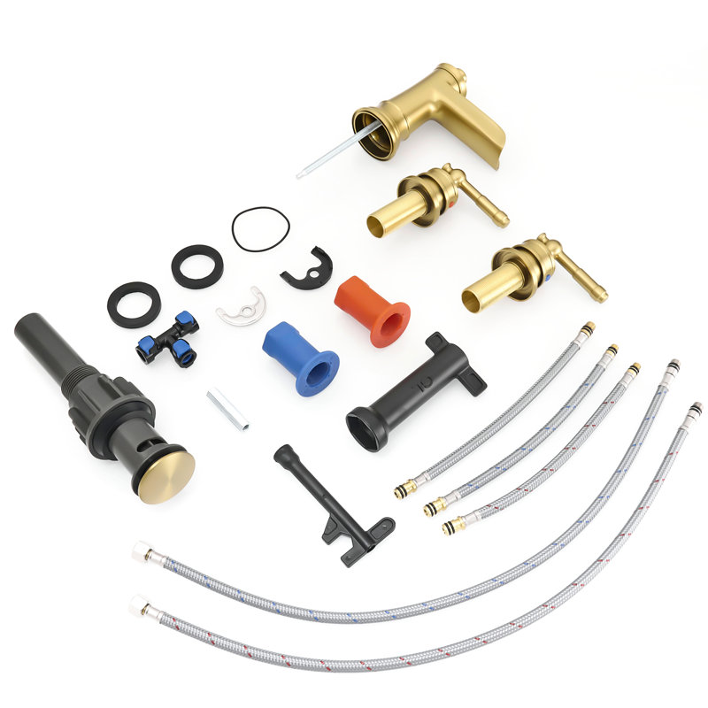 Contemporary Bathroom Faucet For Sink 8 Inch Widespread, 3 Hole Basin Mixer Tap In Brushed Gold, Double Lever Handle, Ceramic Cartridge, Side , Deck-Mounted Widespread With Hose, Installation