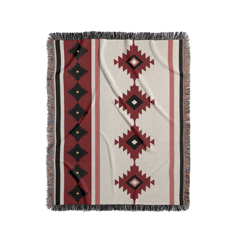 Jeté en mélange de coton Carlos South Western, Rouge / noir / blanc cassé, L 80 po x l 60 po