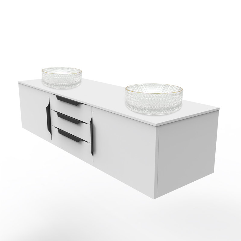 Ensemble de meuble-lavabo simple flottant 60 po avec lavabo vasque en verre trempé argenté Wildsee, Clear/Gold Rim, Blanc