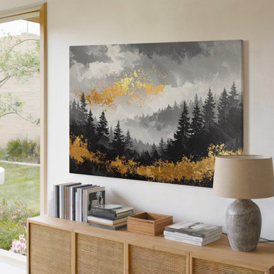 Toile, paysage de forêt abstraite avec arbres noirs et art mural doré métallique prêt à accrocher