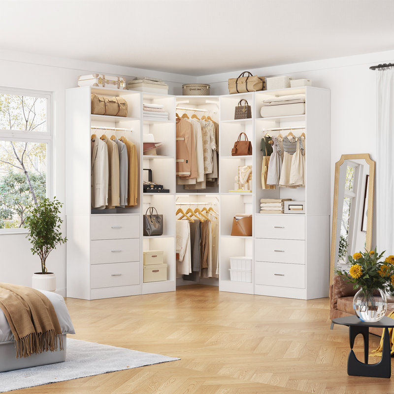 62.3" L X 62.3" W X 80" H Corner Closet System,Freestanding Closet Organizer System With 6 Drawers & 12 Shelves, White