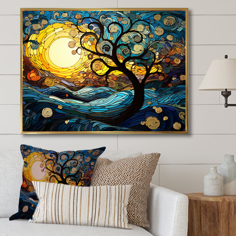 Arbre bleu et jaune nature magique - arbre, art mural, Cadre flottant doré, H 30 po x l 40 po x P 1,5 po