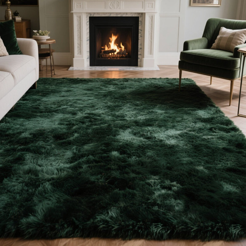 Stylish Fluffy Dark Green Plush Rug, Rectangle 6' x 9'