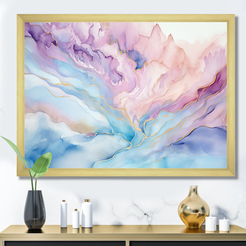 Rose et bleu, lever de soleil sur glacier - formes abstraites, art mural, Cadre doré simple, H 12 po x l 20 po x P 1 po
