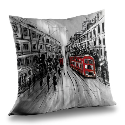 Black and White Street with Red Bus Throw Pillow – Poly Twill Throw Pillow with Insert, Double-Sided Print
