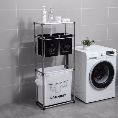 Trieur de linge à 3 niveaux avec 4 sacs amovibles pour organiser les vêtements, la lessive, les lumières, les sarcelles, trois crochets