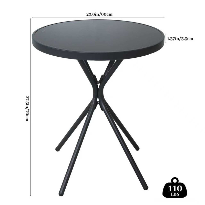 Outdoor Round Glass Coffee Table,Black Side Table for Patio