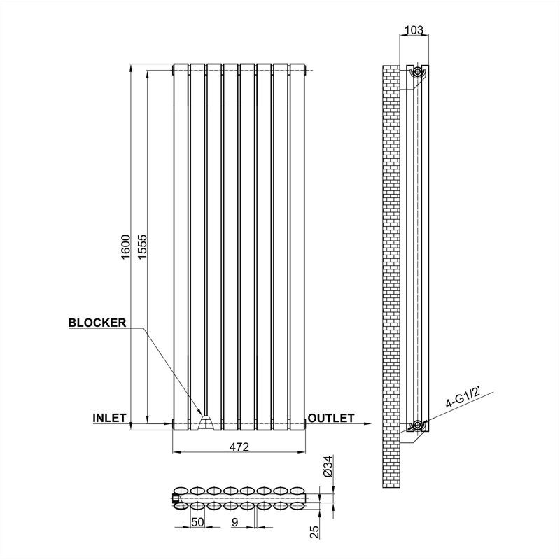 Vertical Oval Column Radiator, Double, White, 160cm H x 47.2cm W x 5.6cm D