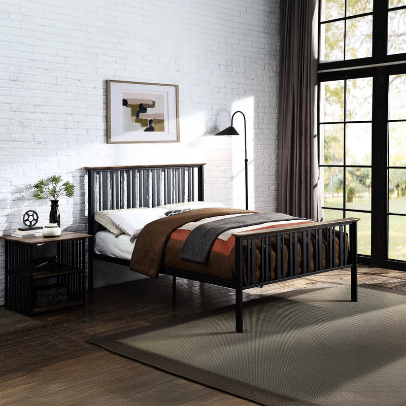 Table de chevet rustique avec attrait industriel pour la chambre à coucher, structure en métal noir, finition chêne antique, deux tablettes ouvertes, plateau en bois, format 22 x 22 x 23, assemblage rapide classique et chêne