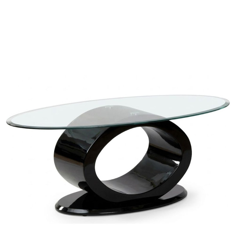 Vanna 47 In. Black Oval Glass Coffee Table With High Gloss O-Shape Pedestal Base