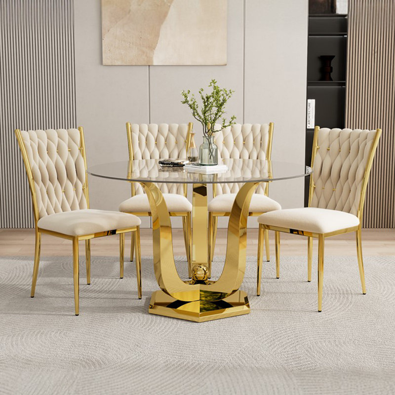 38.9" Round Glass Dining Table Set For 4, Modern Dining Table With Gold Stainless Steel Base & 4 Velvet Upholstered Chairs, 5 Piece Kitchen Set For Dining Room