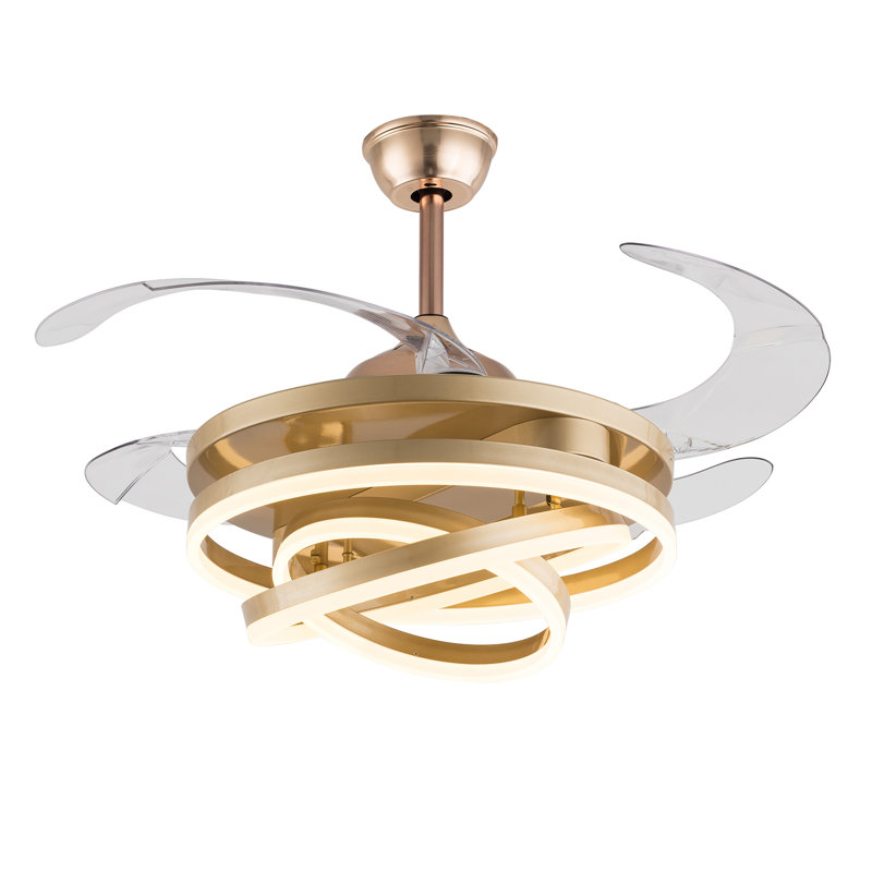 Gold Retractable LED Ceiling Fan Chandelier with Remote Control