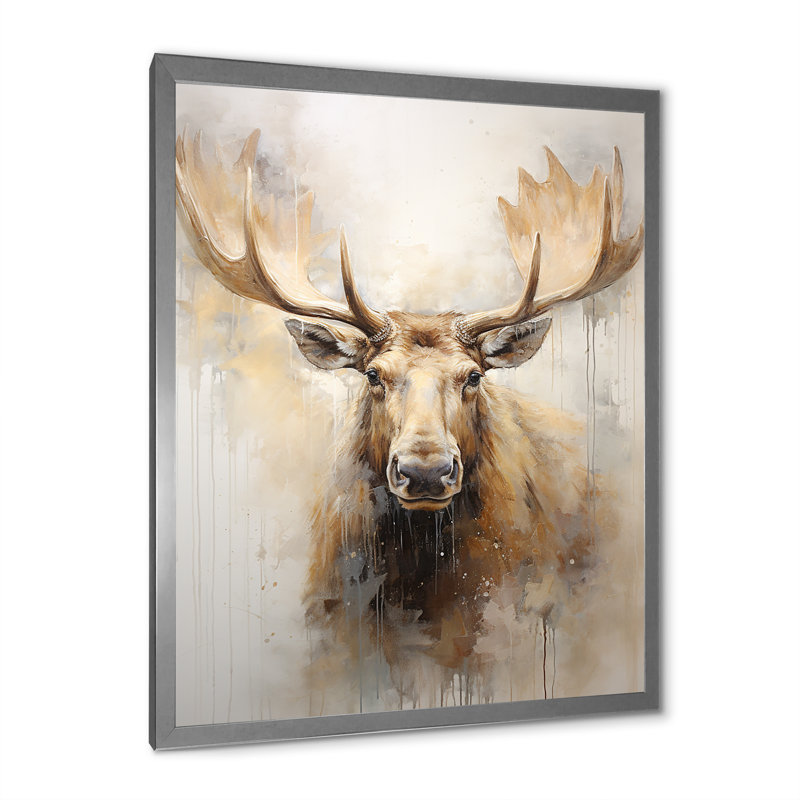 Portrait d'un orignal beige et doré - impressions sur toile, H 44 po x l 34 po x P 1,5 po, Cadre flottant brun