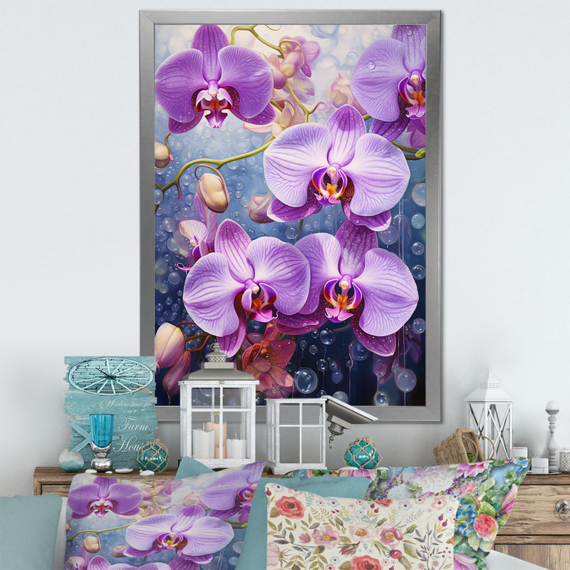 Collage d'orchidées mauves mauves sur toile, H 32 po x l 24 po x P 1 po, Cadre photo argenté