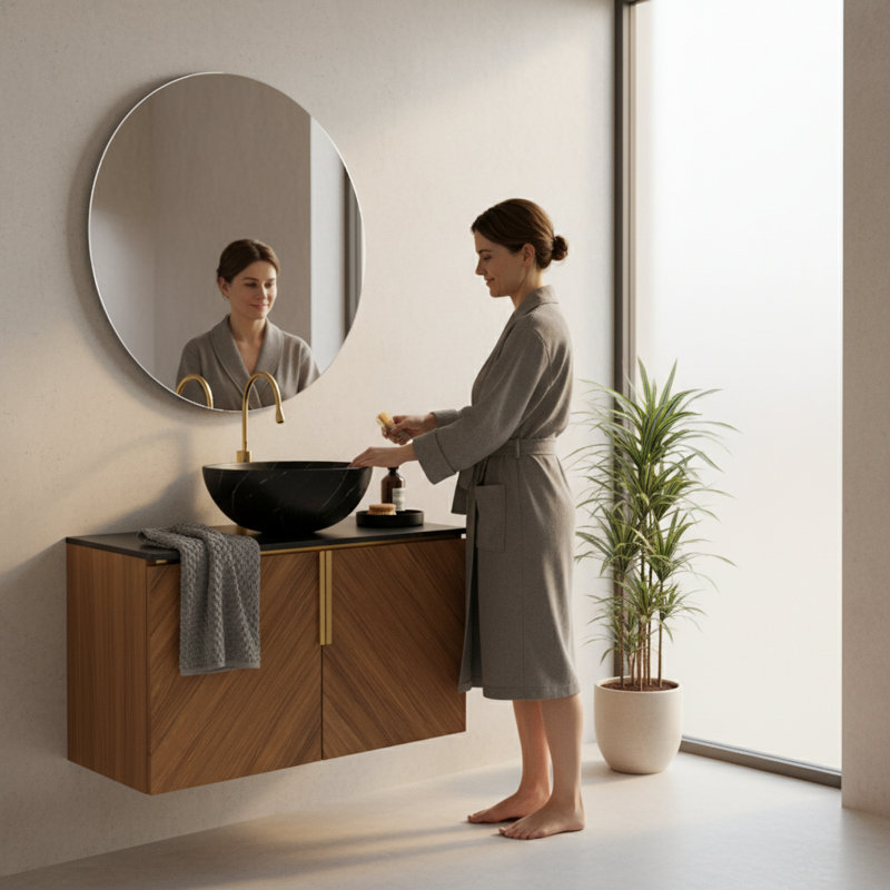 Meuble-lavabo flottant de 30 po avec plateau en pierre frittée noire, cuve en céramique noire, armoire de rangement en contreplaqué de chêne brun et portes à fermeture en douceur