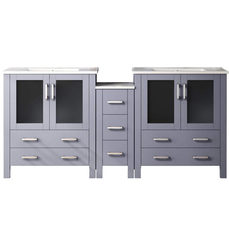 Meuble-lavabo double 72 po L, abat-jour gris foncé, avec armoire latérale, plateau en céramique blanche, structure en bois massif, fonctionnalité de fermeture en douceur, 2 armoires et 7 tiroirs, comptoir large à surface tachée