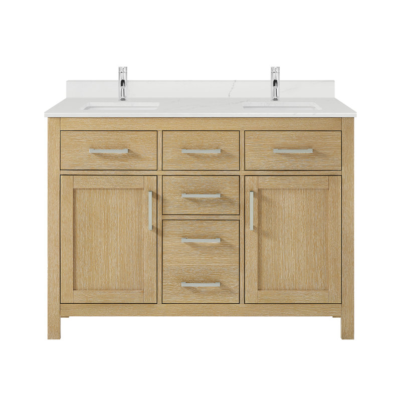 Beckett 48" Freestanding Double Bathroom Vanity with Quartz Top, Brushed Nickel, Giotto Quartz, Whitewashed Oak