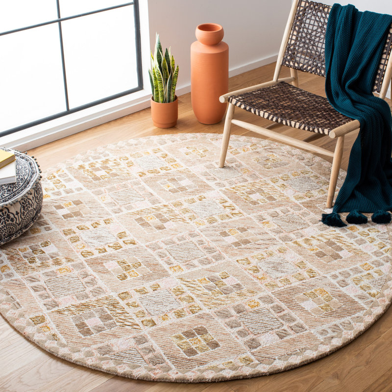 Tapis beige en laine touffeté à la main à motif géométrique, Rond 6 pi