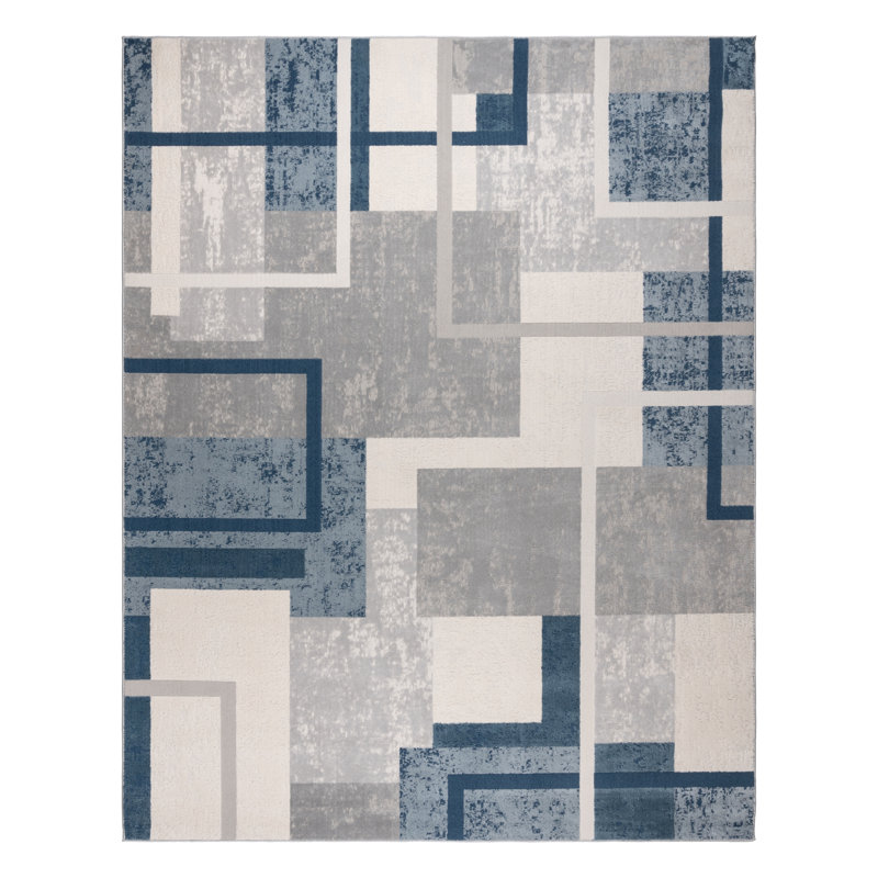 Tapis en polyester / polypropylène bleu moderne à motif géométrique abstrait Ethan Ethan - salon et chambre à coucher