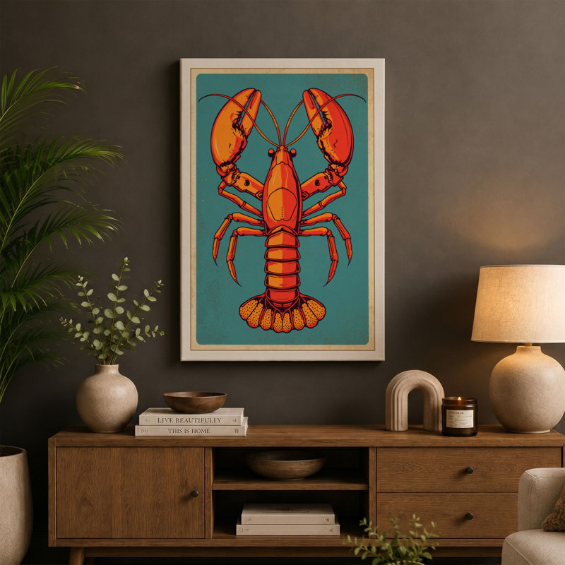Centered Lobster Retro - Wrapped Canvas, 36x24 - 91.4 x 61.0 cm, White Border