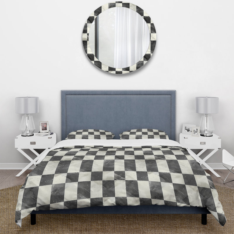 Ensemble de housse de couette Mid-Century noir et gris Gingham I, Housse de couette pour grand lit + 2 taies décora