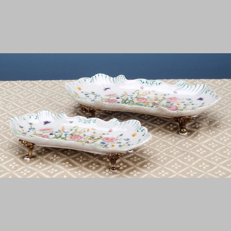 Assiette décorative en porcelaine avec pieds blanc / vert / rose (petit) Hampton Wind