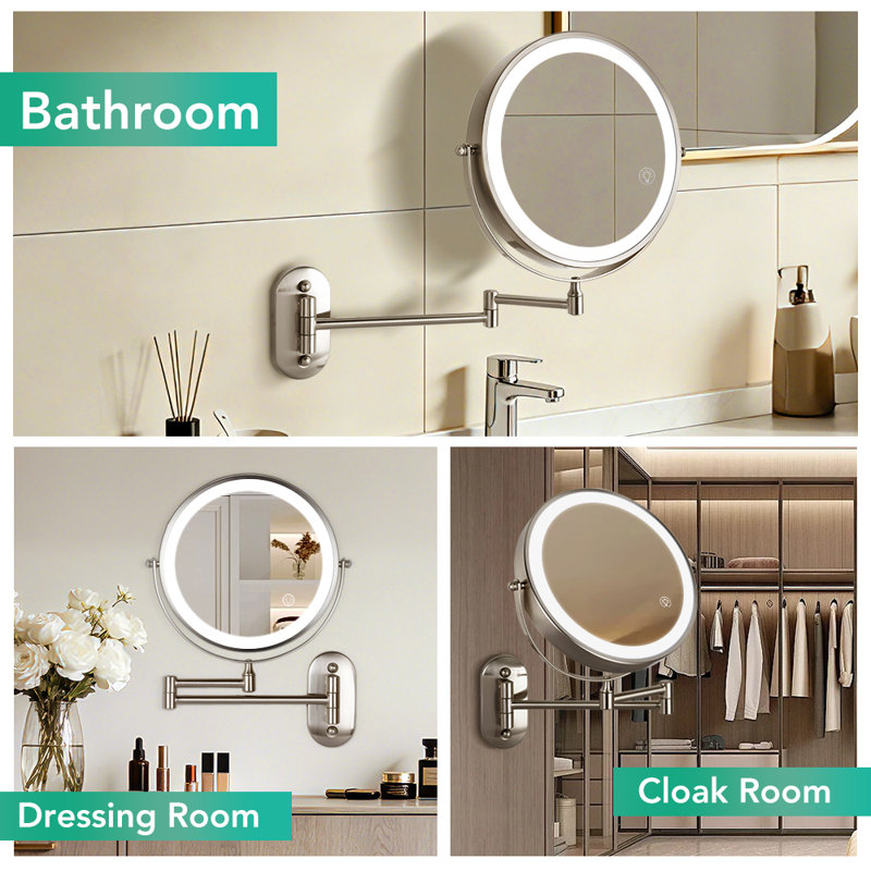 Miroir de maquillage mural 8,5 po, Nickel brossé