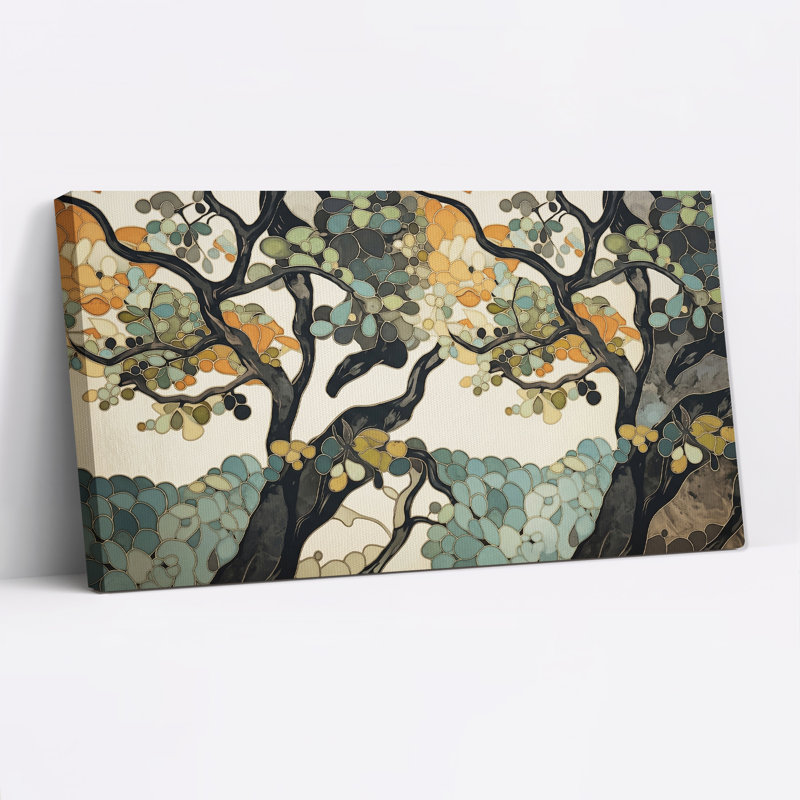 Tableau mural sur toile représentant des branches d'arbre en mosaïque turquoise et orange, L 32 po x H 16 po