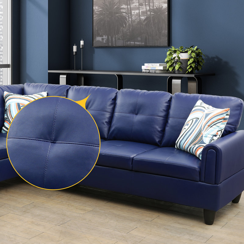 Addalyne 97" Wide Faux Leather Right Hand Facing Sofa & Chaise with Ottoman, Navy Faux Leather, Left Hand Facing