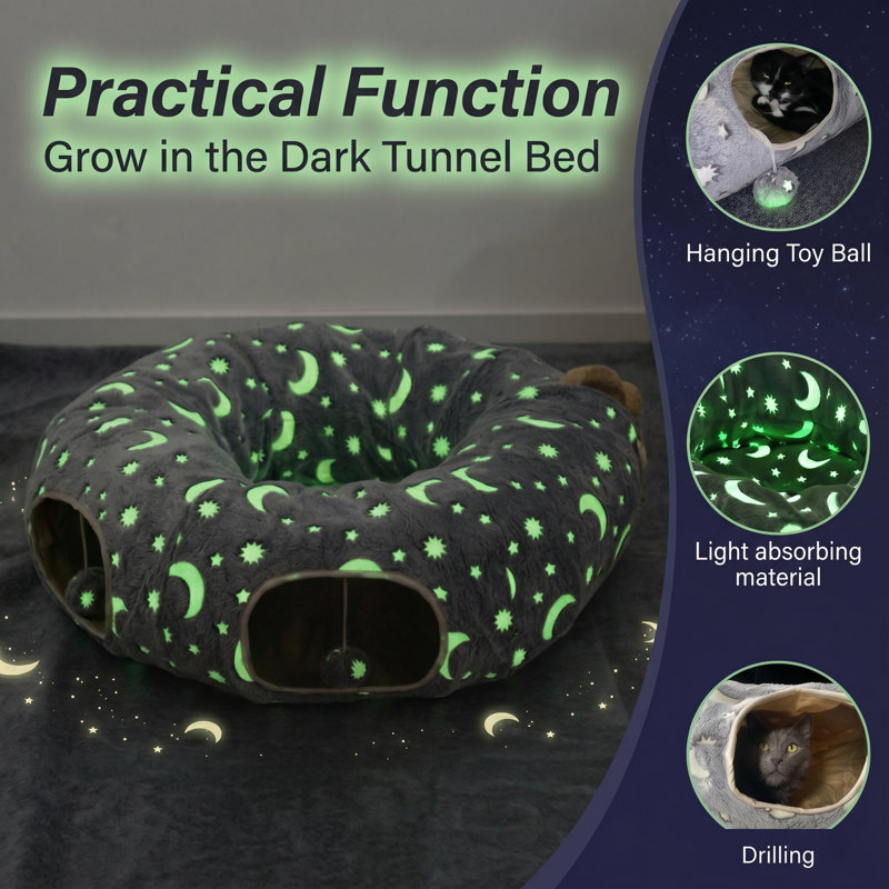 Lit tunnel pliable pour chat sous l'arbre de Noël 3 pi, motif étoile de lune, flanelle auto-lumineuse, avec peluche et tissu froissé, pour grands chats et chatons