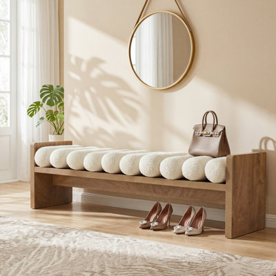 59'' Wooden Entryway Bench With Boucle Cushion, Upholstered Fabric End Of Bed Bench