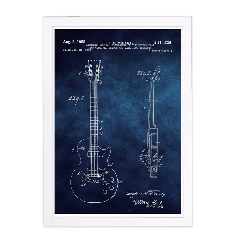 «Gibson Les Paul Guitar 1955 Blue Chalkboard», impression encadrée, H 13 po x l 19 po x P 0,75 po, Cadre blanc