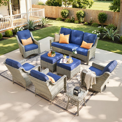 Tommy Outdoor Wicker 9 Person Seating Group With Cushions With Swivel Rocking Chairs And Side Table