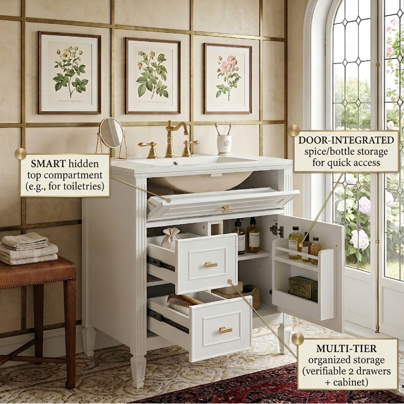 30" Free-Standing Single Bathroom Vanity With Ceramic Sink, Storage Cabinet With Solid Wood Frame & 1 Flip-Out Drawer & 2 Side Drawers