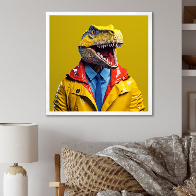 Jaune et bleu, premier dinosaure à la mode - art de mur de dinosaure, Cadre flottant doré, H 30 po x l 30 po x P 1,5 po