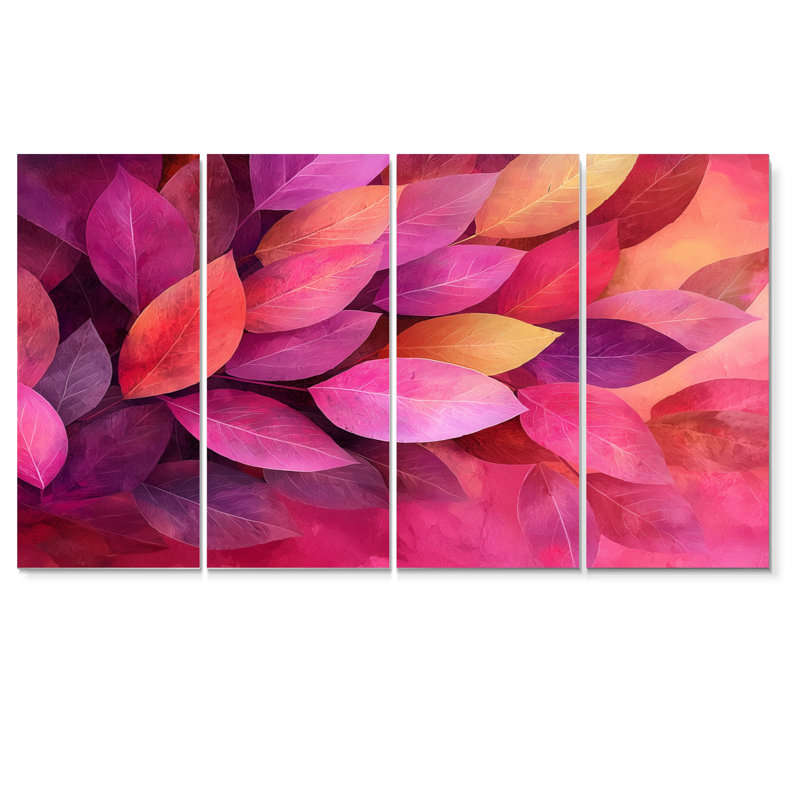 Magenta Leaves Blossom I - Leaves Art - ensemble de décoration murale traditionnelle, H 32 po x l 64 po, 4