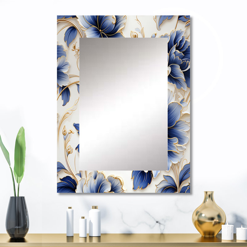 Cobalt Blue Filigree Victorian Pattern - Floral Wall Mirror, Cottage Decorative Mirror, Printed Metal Art, 32" x 24"