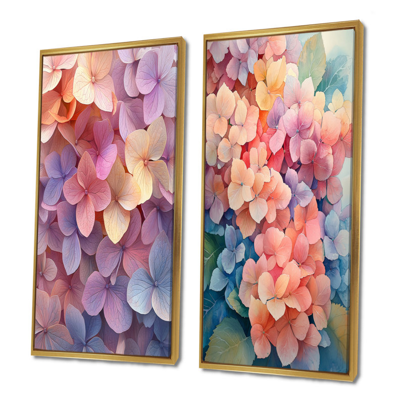 Hortensias jardin des couleurs de l'été I - impressions sur toile florales 2 pièces, H 32 po x l 33 po, Cadre flottant doré