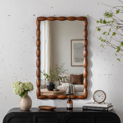 Mid-Century Wall-Mounted Mirror with Solid Wood Frame