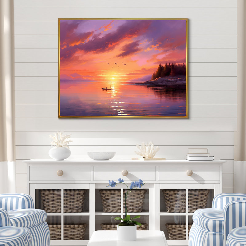 Plage au crépuscule - reproduction d'art sur toile côtière, Cadre flottant doré, H 24 po x l 32 po x P 1 po
