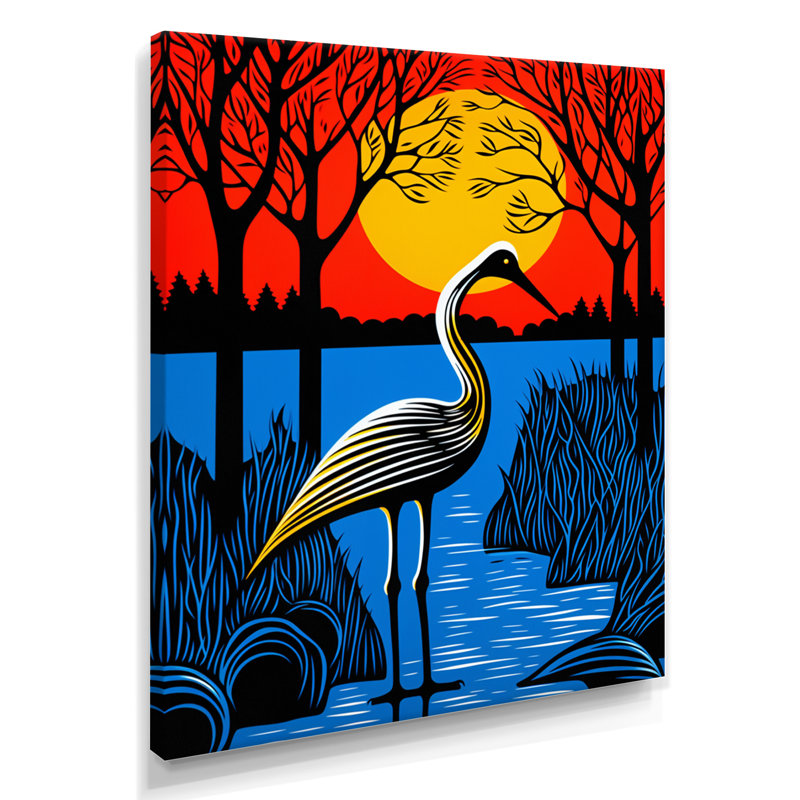 Cigogne par la pleine lune, art mural pélican, Toile tendue, H 20 po x l 12 po