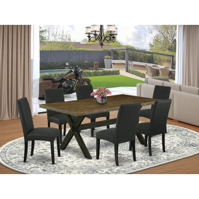 7 Piece Dining Room Furniture Set Consist of a Rectangle Dining Table with X-Legs and 6 Black Color Linen Fabric Upholstered Chairs, Wire brushed Black