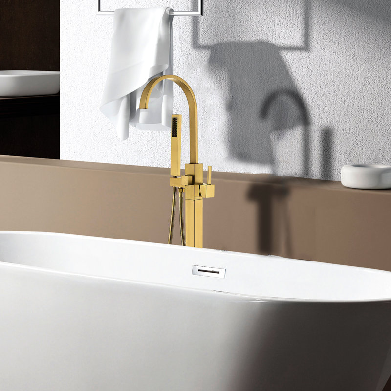 Brushed Gold Freestanding Bathtub Faucet With Handheld Shower - Solid Metal Durability Build, Full Body Spray