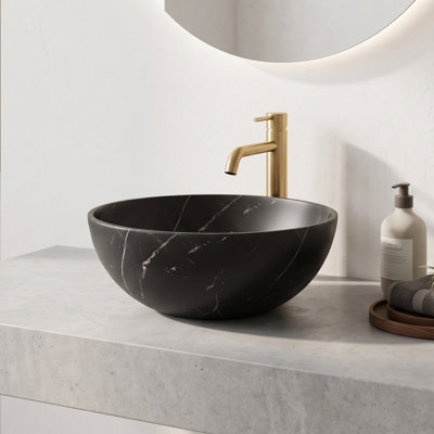 14 in. Ceramic Vessel Sink in Matte Black with Marble Veining